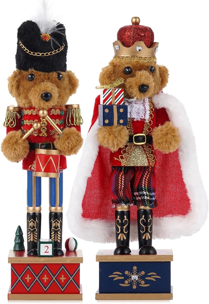 BXO Store 2 Pcs Wooden Christmas Decorations Nutcracker, 28CM/11 inch Traditional Nutcracker Figures,Festive Collectible Christmas Nutcracker Figures Party Tabletop Thanksgiving Decor (Bear Drummer & Bear King) - Image 1